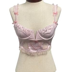 For Love & Lemons Embroidered Hearts Bustier Bra Pink XS NEW NWT Ruffle Bows